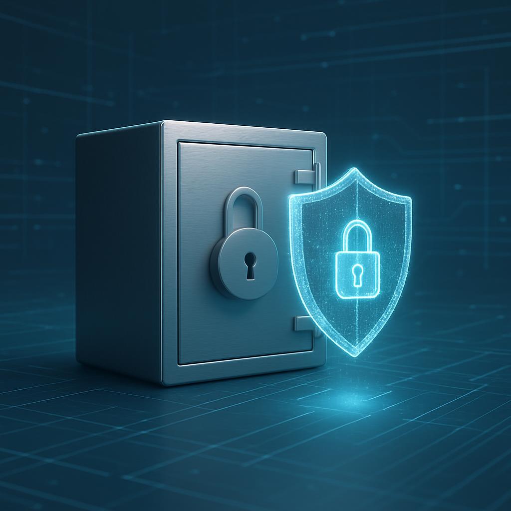 A padlock icon, a shield icon illustrating protection, and a safe illustrating security.