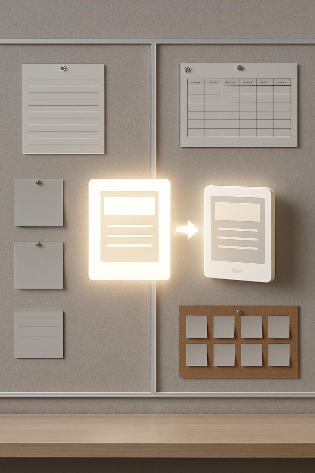 A patterned background featuring an e-reader in the center and several different paper organizational tools on the wall, h...